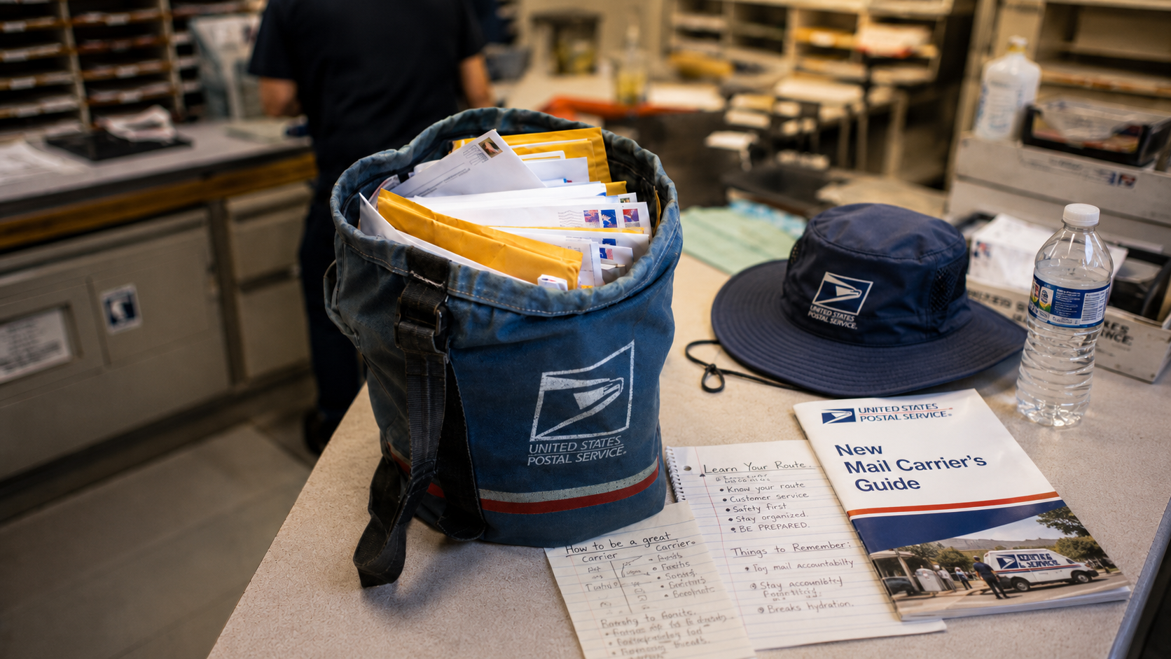 USPS mailbag full of mail next to a postal hat, water bottle, and a New Mail Carrier's Guide booklet on a sorting counter.