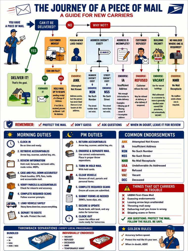 The poster continues below the delivery decision tree with a banner: Remember — protect the mail, don't guess, ask questions, and when in doubt, leave it for review. Morning duties, step by step. One, clock in: be on time and ready. Two, retrieve accountables: arrow key, scanner, satchel key, and so on. Three, review information: hold mail, forwards, red book edits, route notes, MSPs. Four, case and pull down accurately: check bundles, DPS, flats, holds and accountable mail. Five, verify parcels and accountables: check for missorts and accuracy. Six, complete required scans: follow scanner prompts. Seven, load vehicle safely: heavy items down low, secure everything. Eight, depart to route: be safe, protect the mail. PM duties. One, return accountables: arrow key, scanner, satchel key. Two, endorse and separate mail: use correct endorsements, place in proper throw separations. Three, turn in hold mail, with hold cards. Four, clear vehicle: remove all mail, parcels and personal items. Five, complete required scans: ensure all scans are submitted. Six, submit forms as needed: 3996's, leave slips, and so on. Seven, secure and update: route book, edit book, and any notes for tomorrow. Eight, clock out: leave the office and route ready for tomorrow. Common endorsements: ANK, attempted not known. IA, insufficient address. NSN, no such number. NSS, no such street. NMR, no mail receptacle. UAA, undeliverable as addressed. REF, refused. VAC, vacant. DEC, deceased. Things that get carriers in trouble: UBBM first-class mail, guessing endorsements, leaving arrow keys unattended, throwing mail away, delivering mail you know is wrong, and skipping scans or forms. Ask questions. Protect the mail. Follow the rules. Be safe. Throwback separations — verify local procedures. Bundled: ANK, IA, UAA, NSN and NSS. Individually endorsed: vacant, refused, deceased, NMR, and temporarily away. And the golden rules: accuracy before speed. Protect the mail like it's your own. When in doubt, ask!