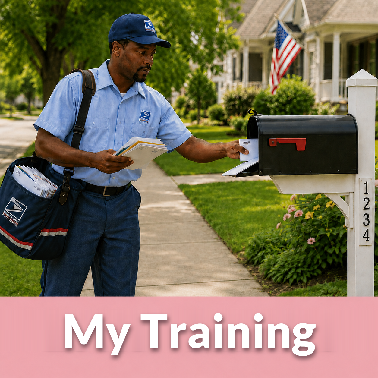 Letter Carriers — three USPS letter carriers smiling in uniform with bags and a blue mailbox.