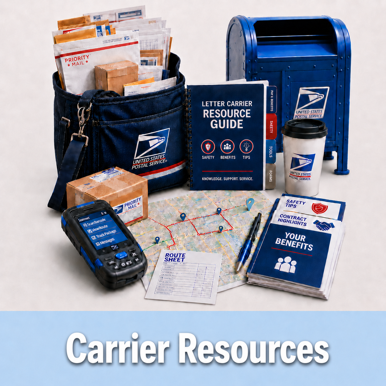 Resources — Letter Carrier Resources: USPS mailbag, Resource Guide booklet, scanner, route sheet, contract highlights, safety tips, and benefits.