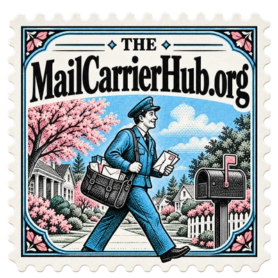 The Mail Carrier Hub stamp: a letter carrier on his route, cancelled with a Mail Carrier Hub postmark