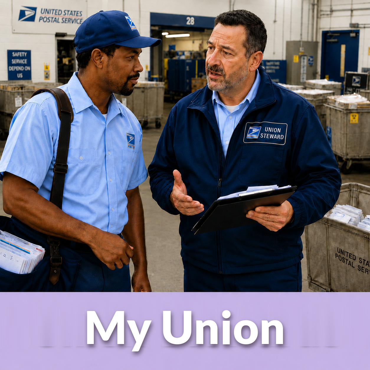 Union Stewards — three postal workers in conversation, with a steward in a UNION STEWARD pullover.